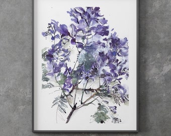 Impression d'art aquarelle de branche de jacaranda - Décoration d'intérieur violet vif