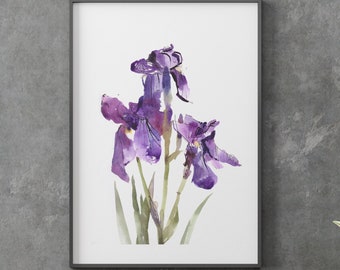Purple Iris Watercolor Art Print: Botanical Garden Painting