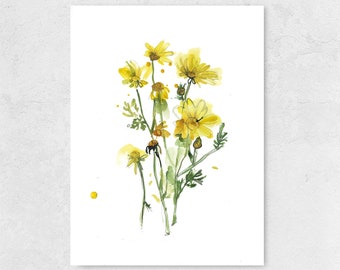 Yellow daisy watercolor art print in minimalist art style for spring wall decor