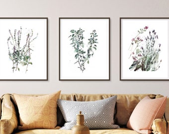 Botanical Art Set, Herb Painting Prints, Set of 3 Herbal Drawings, Home Gallery Prints, Above Sofa Wall Art