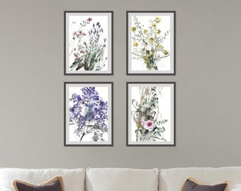 Wildflower Print Set of 4, Bright Colorful Floral Aquarelle Painting, Green Yellow Purple Flowers Print, Living Room Floral Wall Art Decor