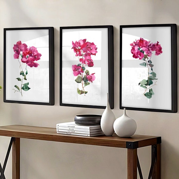 Bougainvillea Art Set of 3 Prints, Magenta Wall Art Above Couch Decor, Abstract Watercolor Floral Wall Art