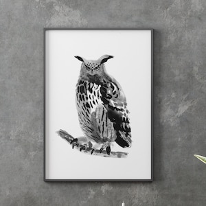 Owl Art Print, Black and White Painting for Home Decor, bird artwork large owl print, nature lovers gift