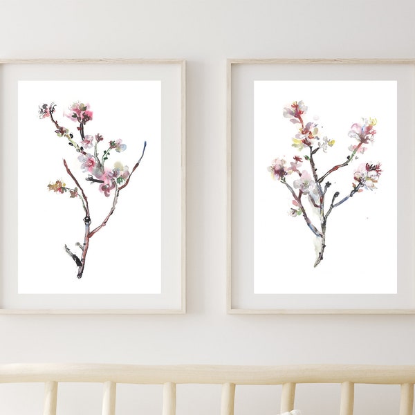 ALMOND TREE WATERCOLOR - Spring Nature Inspired Water Color Painting - Botanical Print Set for Nursery Room - Tween Artwork Baby Wall Decor