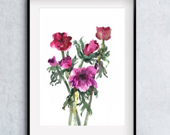 Impresión de pintura de ramo de anémonas: Arte mural floral magenta