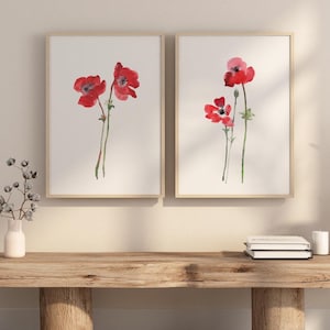 Modern Watercolor Poppies - Pair of Minimalist Flower Prints