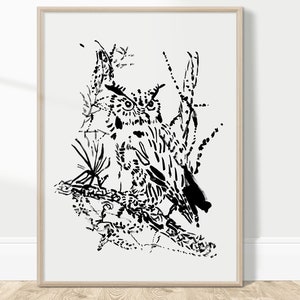 Great Horned Owl Black and White Drawing, Owl Sketch Bird Minimalist Artwork, Woodland Wall Decor, Farmhouse Nature Decor for Living Room
