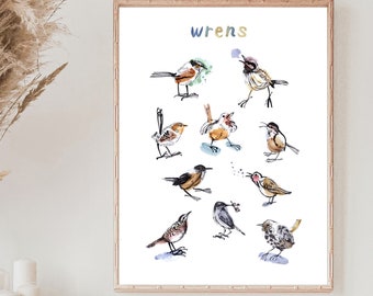Wren Birds Art Print, Watercolor Wrens Art, Passerine Birds Wall Art, Eurasian Wrens Poster, Bird Wall Art, Nursery Decor Boho Wall Art
