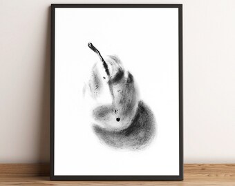 Fruit Art Print: Pear, Minimalist Black and White Wall Decoration