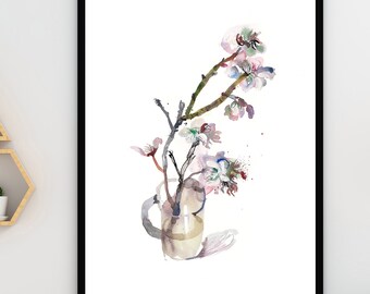 Almond Tree Branch in a Glass Fine Art Print, Watercolor Painting Print of Blossoming Tree, Pink and Gray Floral Wall Art Pastel Home Decor