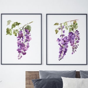 Wisteria Art Watercolor Painting Prints Set of 2 - Purple Blossom Wall Decor