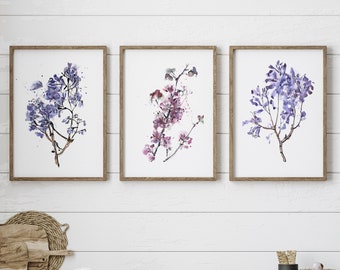 Impresiones de acuarela de ramas de jacarandá y redbud (juego de 3) para arte mural botánico