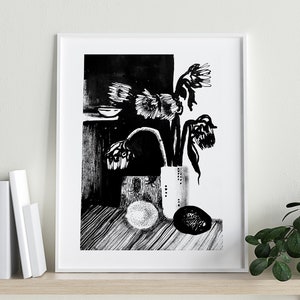 Fine Art Print of Sunflower Painting, Black White Wall Art, Still Life Painting, Botanical Poster, Vintage Print, 30th Birthday Gift for Her