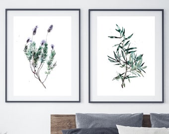 Olive Painting Print, Lavender Plant Art Print, Emerald Green Abstract Botanical Print Set of 2, Pair of 16x20 Prints, Greenery Wall Decor