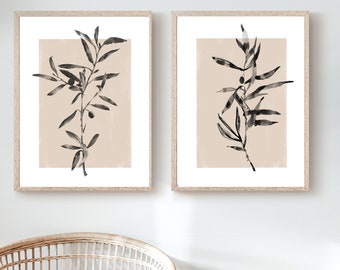 Olive Branch Botanical Print Set: Black and Ivory Minimalist Wall Art