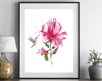 May include: A watercolor painting of a pink flower with a hummingbird hovering nearby. The flower has a delicate, layered appearance with a vibrant pink hue. The hummingbird is depicted in flight, with its wings spread out and its beak extended towards the flower.