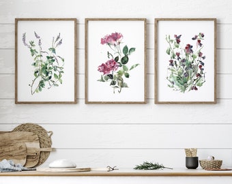 Aquarelle Fleurs Ensemble de 3 Estampes, Pois de senteur, Roses, Galerie Wall Art Set, Décoration murale de chambre à coucher, Art mural apaisant, Cadeau amoureux de la nature pour elle