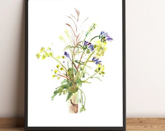 Wildflower Bouquet Watercolor Print - Spring Botanical Wall Art Bedroom Decor