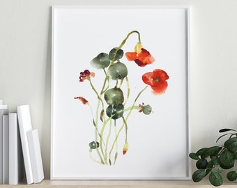 Nasturtium Art Print, Flower Painting Orange and Green Watercolor Botanical Art, Minimalist Wall Art Plant Print, Flower Wall Decor