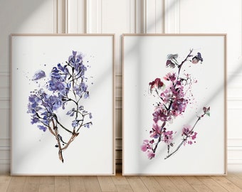 Jacaranda and Redbud Tree Painting, Floral Watercolor Set of 2 Prints, Preppy Wall Art Pink Aesthetic Room Decor, Pink Bedroom Decor