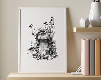Autumn Forest Mushroom Art Print - Black and White Illustration Wall Decor