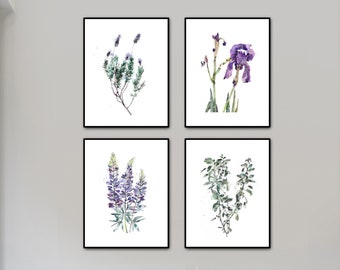 Impressions d'art florales à l'aquarelle - lot de 4 décorations murales botaniques pour salle à manger, impressions de peinture lupin, lavande, iris et sauge
