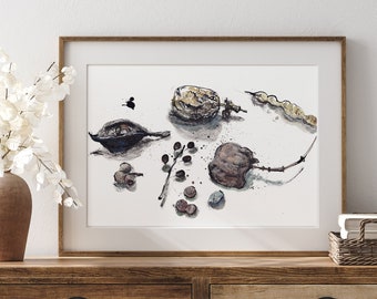 Natural Touch: Horizontal Wall Art with Elegant Seed Pods Drawing Print in Beige and Black, Modern Rustic Room Wall Decor