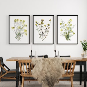 Ensemble de 3 impressions de peinture aquarelle fleurs jaunes, art mural fleurs sauvages, impression plante moutarde, décoration murale fleurs de printemps, impression bouquet jaune