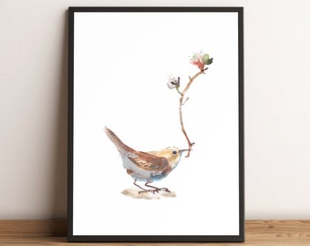 Bird Wall Art - Wren Print with Blossoming Branch - Nature Inspired Minimalist Wall Decor
