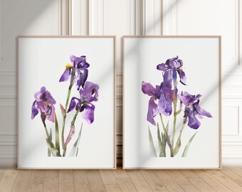 Iris Watercolor Painting Print Set: Purple Floral Wall Art
