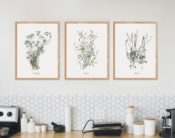 May include: Three framed botanical prints with watercolor illustrations of parsley, thyme, and basil. Each print has the name of the herb written below the illustration.