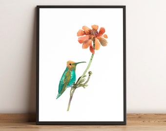 Hummingbird on Flower Print - Vibrant Bird Wall Art for Spring Decor