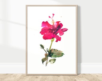 Hibiscus Flower Watercolor Wall Art - Colorful Magenta Hot Pink Decor