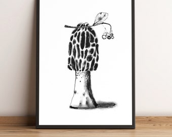 Impresión de arte de hongos Morel: dibujo de tinta en blanco y negro, perfecto para otoño y Halloween, regalo de amante de los hongos con impresión de pared monocromática