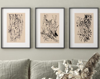 Owl Art Bird Prints, Set Of 3 Neutral Prints, Gallery Wall Set of Bird Drawings, Above Couch Prints Boho Wall Art, bird lover gift
