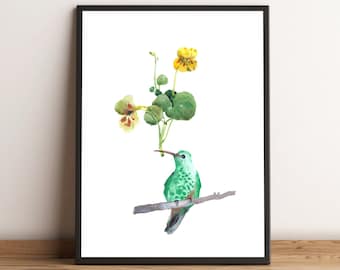 Whimsical Bird and Flower Wall Art Print - Floral Handcrafted Illustration