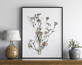 Arte de pared de hierbas con impresión de plantas, ilustración floral botánica, arte de pared de tono tierra, estilo Japandi sobre la cama, decoración del hogar de la naturaleza beige