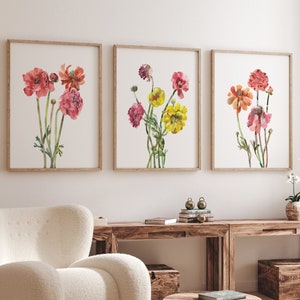 Ranunculus Flower Bouquet Watercolor Wall Art Set of 3 Prints, Blush Pink Floral Art for Spring Decor for Living Room or Dining Room
