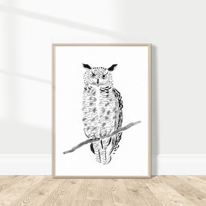 Minimalist Owl Wall Art Print - Black and White Bird Illustration - Modern Animal Wall Decor, Monochrome Artwork