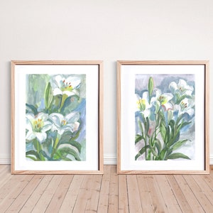 White Lily Art Prints Set: Floral Gouache Painting