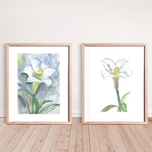 White Lily Painting Prints - Set of 2 - Floral Botanical Wall Decor