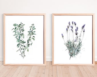 Lavender and Sage Plant Prints Botanical Wall Art, Nature Art Set of 2 Prints Sage Green Decor, Watercolor Prints Floral Easter Decoration