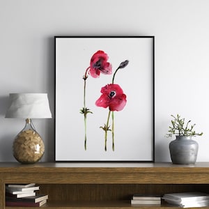 Red Poppy Watercolor Art Print - Minimalist Floral Wall Decor for Spring
