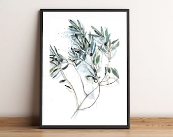 Olive Branch Watercolor Art Print: Botanical Living Room Wall Decor