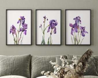 Iris Watercolor Art Print Set: Purple Floral Gallery Wall Decor