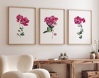 Magenta Flowers Wall Art Set of 3 Prints, Bougainvillea Watercolor Painting, Pink and Green Floral Wall Hanging, Gallery Wall Print Set