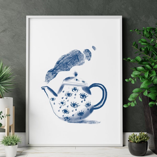 Whimsical Teapot Illustration Print for Denim Wall Decor - Chinoiserie Wall Art