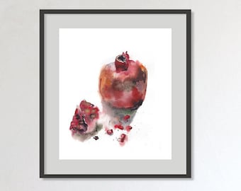 Fruit Art Print, Acuarela de granada, Pintura de frutas exóticas, Póster de arte de alimentos de cocina, Biología Arte de pared