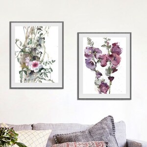 Hollyhock Watercolor Flowers, Pink Purple Floral Painting Set of 2, Bedroom Botanical Wall Decor, Living Room Flower Art Set image 2