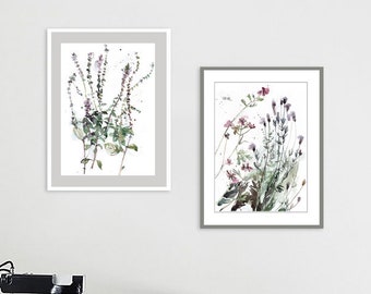 Lavender and Basil Prints, Botanical Watercolor, Herbs Print, Green and Pink Wall Art, Wildflower Art Print Set of 2, Living room decor